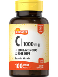 Thumbnail for Sundance Vitamin C 1000mg with Rose Hips & Bioflavonoids | 100 Coated Caplets | Vegetarian, Non-GMO and Gluten Free Supplement