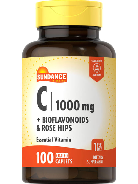 Sundance Vitamin C 1000mg with Rose Hips & Bioflavonoids | 100 Coated Caplets | Vegetarian, Non-GMO and Gluten Free Supplement