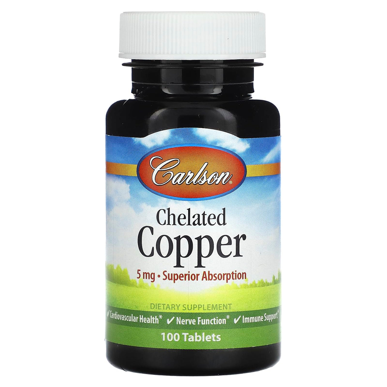 Carlson - Chelated Copper, 5 mg, Superior Absorption, Cardiovascular Health, Nerve Function & Immune Support, 100 Tablets