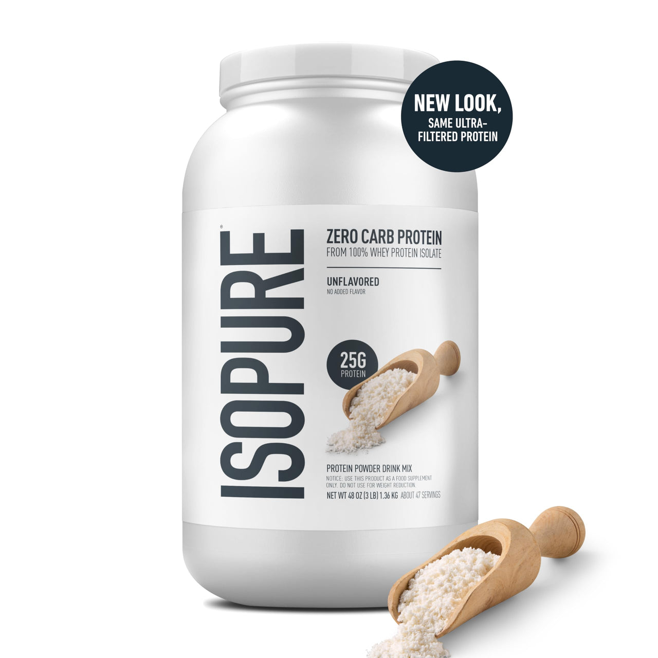 Isopure Zero Carb 100% Pure Whey Isolate Protein Powder, Gluten Free, with Vitamins, Unflavored, 25g Protein Per Serving, 3 Lbs, 47 Servings (Packaging May Vary)