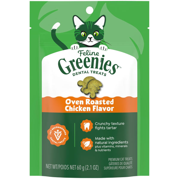 Greenies Cat Treats, Feline Veterinarian-Recommended Adult Natural Dental Cat Treats, Oven Roasted Chicken Flavor, 2.1 oz. Pouch