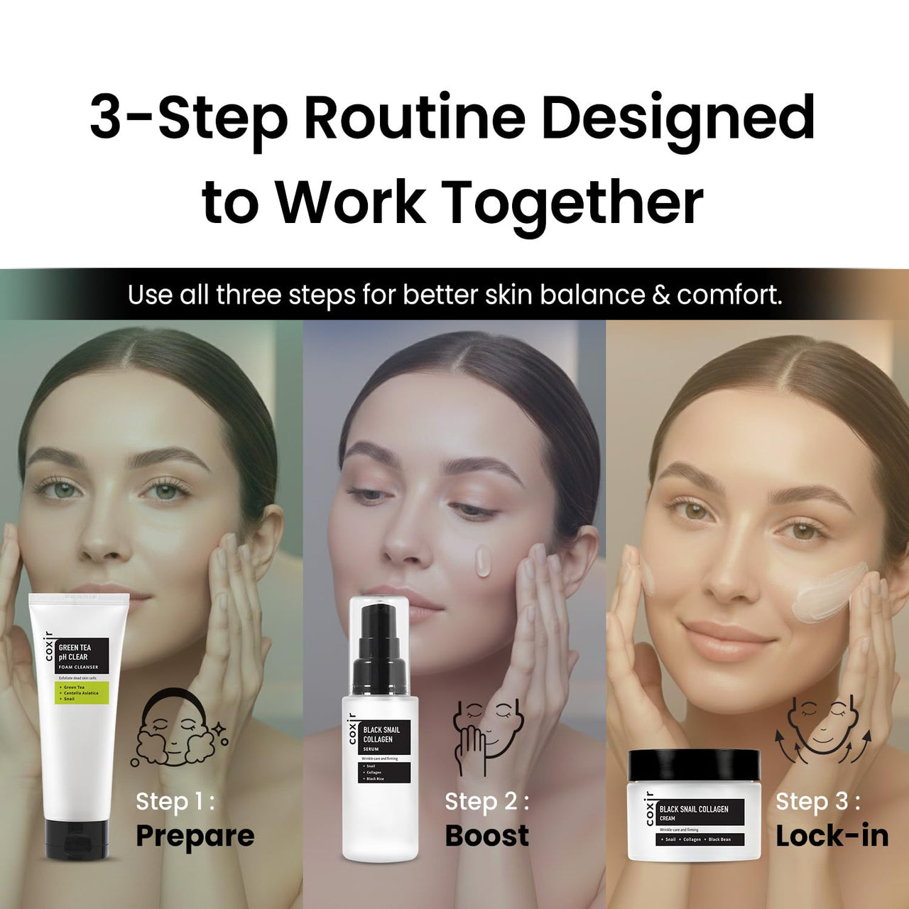 coxir Black Snail Korean Skin Care Gift Set – Snail Mucin Cleanser, Serum & Cream | Hydrating & Repairing Face Set | Korean Beauty Skincare Gift for Women, Holiday & Christmas Gift Set