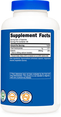 Thumbnail for Nutricost Calcium Lactate 2,100mg; 180 Capsules - Vegan, Non-GMO and Gluten Free, 60 Servings