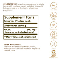 Thumbnail for Solgar GABA 500 mg, 50 Vegetable Capsules - Relaxation & Nervous System Support - Amino Acid - Non-GMO, Vegan, Gluten Free, Dairy Free, Kosher - 50 Servings