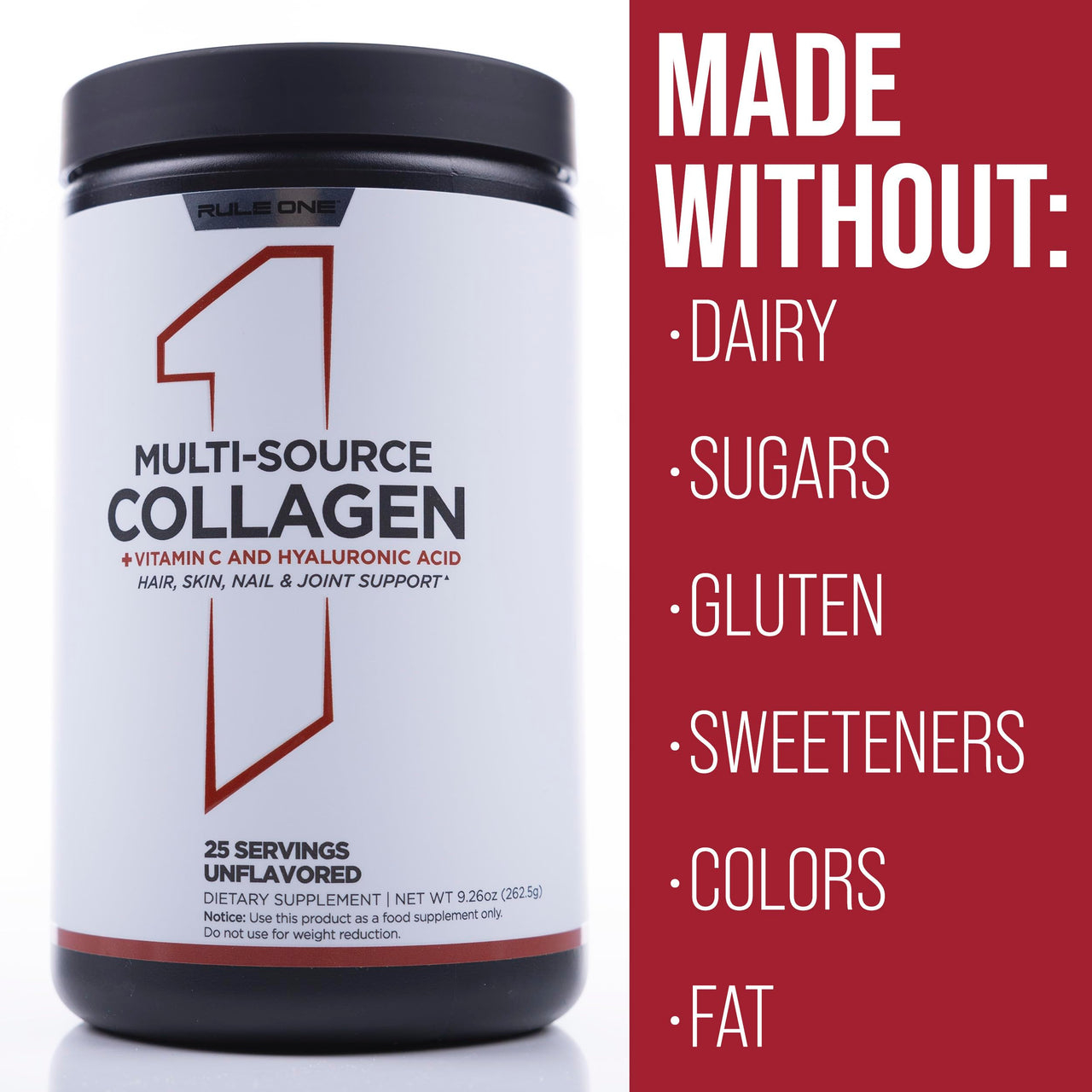 Rule 1 Proteins Multi-Source Collagen Powder - Bovine, Chicken, Fish & Eggshell Collagen Sources + Hyaluronic Acid & Vitamin C for Hair, Skin, & Nail Support (25 Servings, Unflavored)