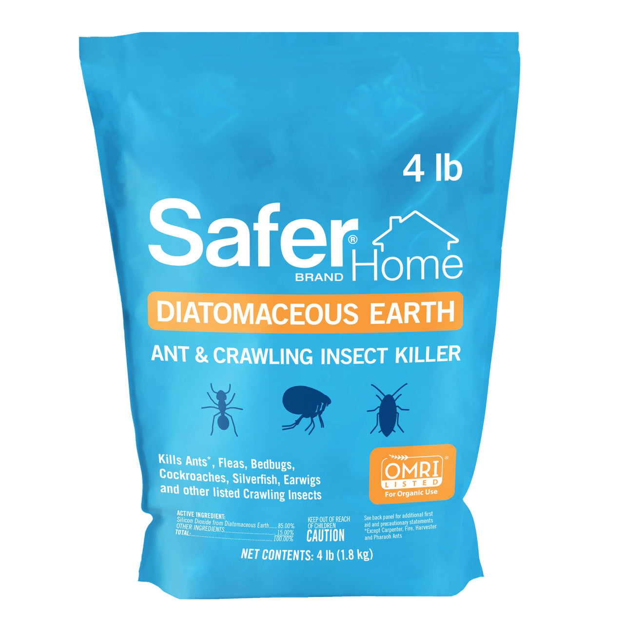 Safer Home Diatomaceous Earth 4 lb Organic OMRI DE - Cockroach Killer Indoor Home, Bed Bug Killer, Kills Fleas, Ants, Silverfish, Earwigs & Crawling Insects
