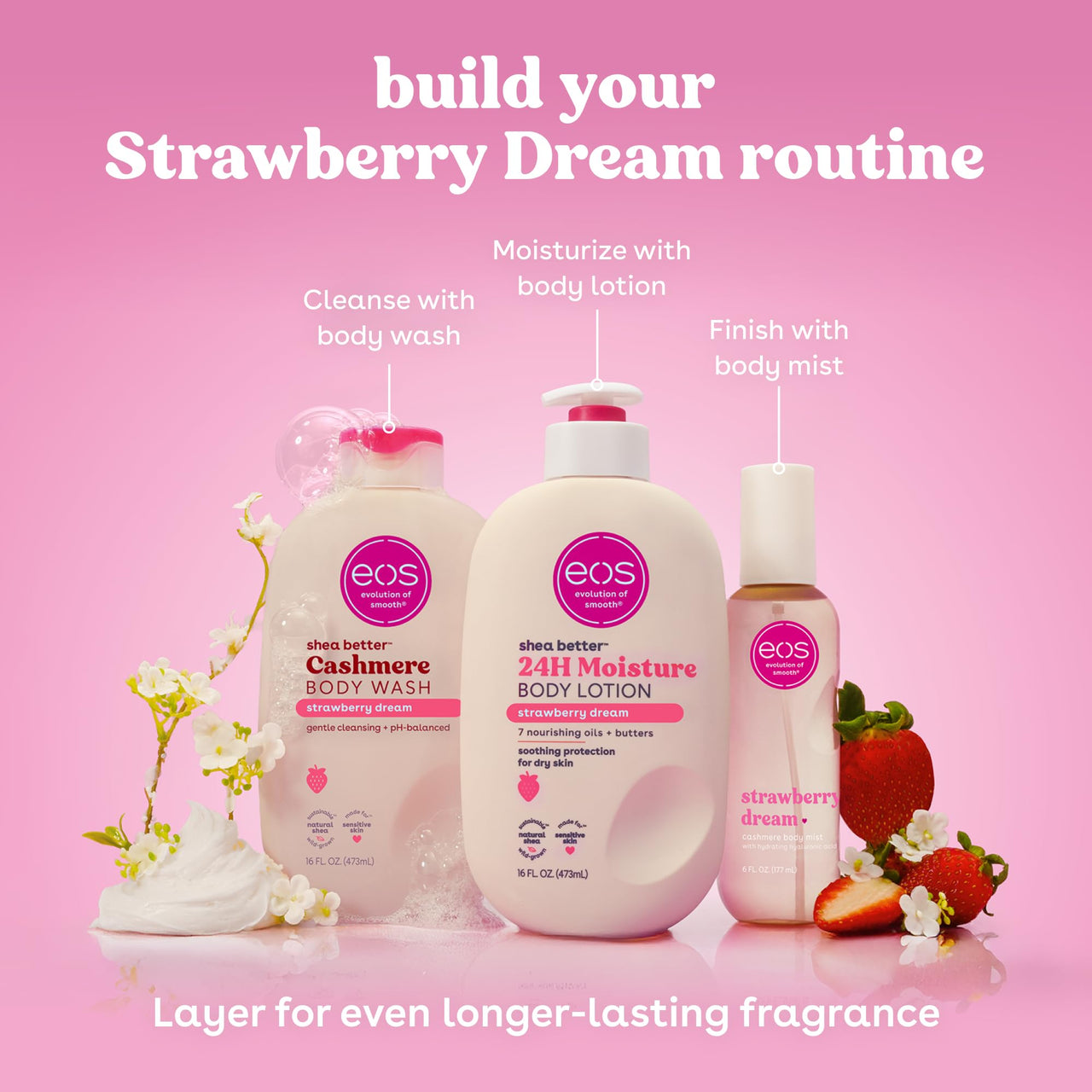 eos Cashmere Body Mist, Strawberry Dream, Body Spray for Women, Strawberry Perfume, Hair Mist, Moisturizing, Hyaluronic Acid, Glycerin, Vegan, Cruelty-free, 6 fl oz