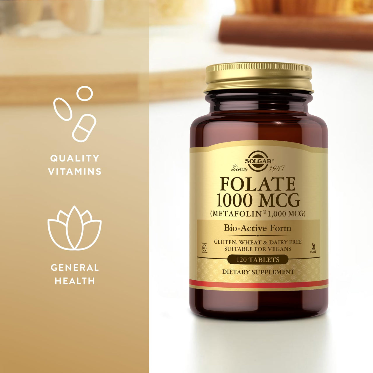 Solgar Folate 1000 mcg - 120 Tablets - 1000 mcg Bio-Active Metafolin - Vegan, Gluten Free, Dairy Free, Kosher - 120 Servings