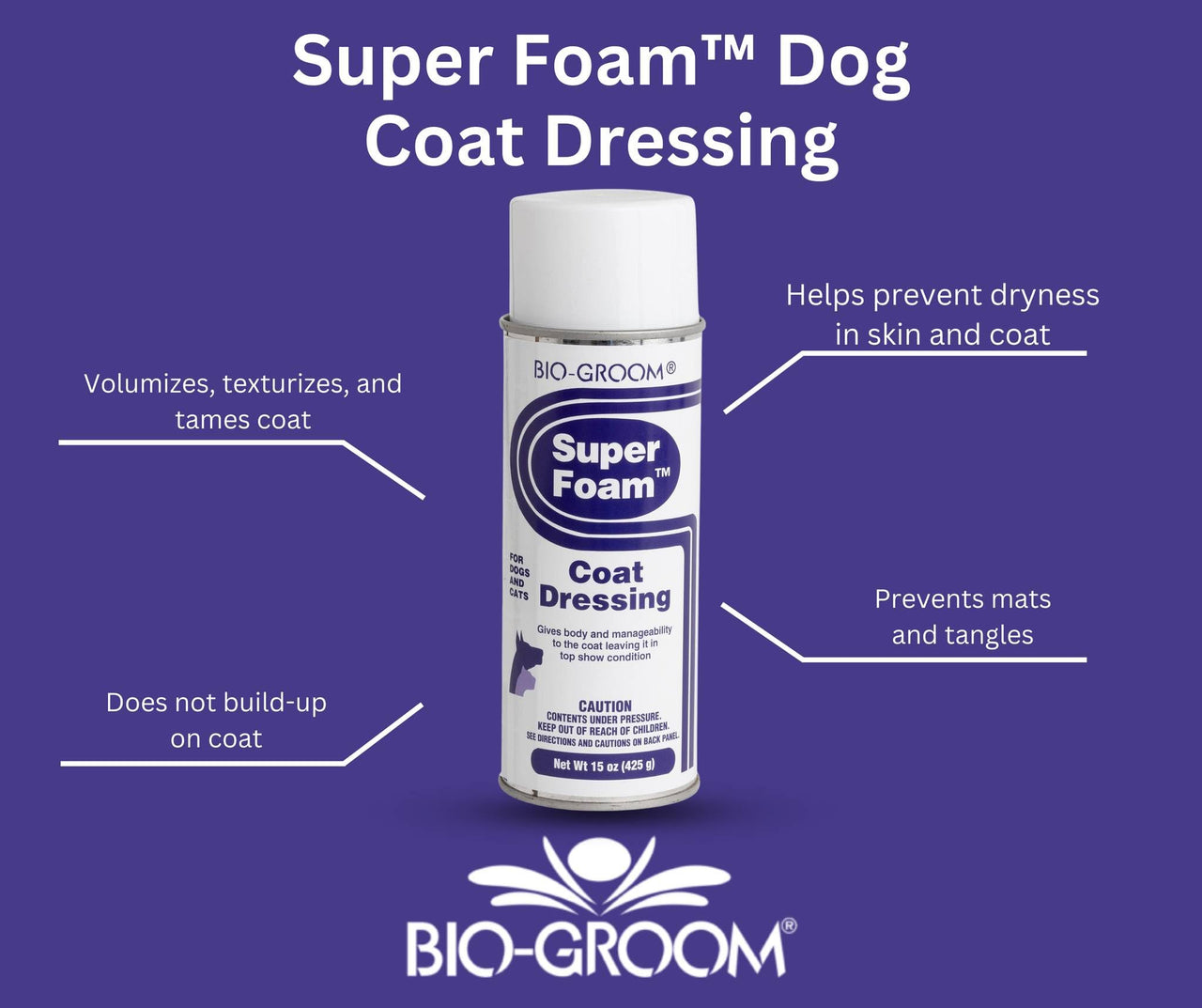 Bio-Groom Super Foam Coat Dressing - Dog Detangler Spray for Dematting, Texturizes, Prevents Dryness, Non-Oily, Cruelty-Free, Made in USA, Lanolin Dog Grooming Products - 15 oz 1-Pack