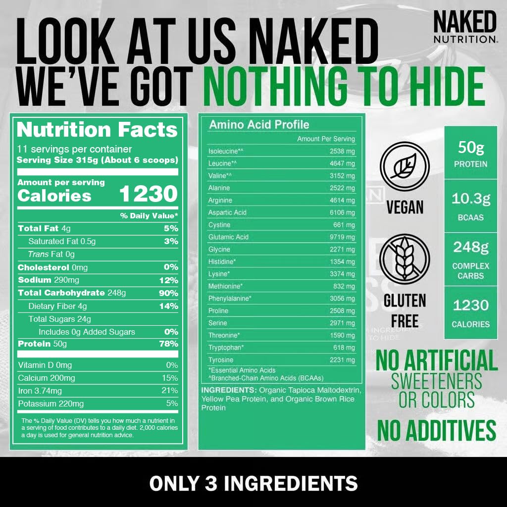 NAKED Vegan Mass - Natural Vegan Weight Gainer Protein Powder - 1,230 Calories, NSF Certified, Non-GMO, Soy & Gluten Free, No Artificial Ingredients - 8LB Bulk - 11 Servings