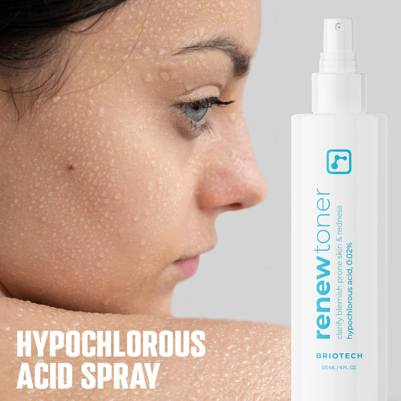 BRIOTECH Skin Renew Toner, Hypochlorous Acid Spray Topical Skin Spray for Face and Skin, Minimize Appearance of Blemishes, Soothing Mist for Redness & Bumps, 4 fl oz ea, 4 ct
