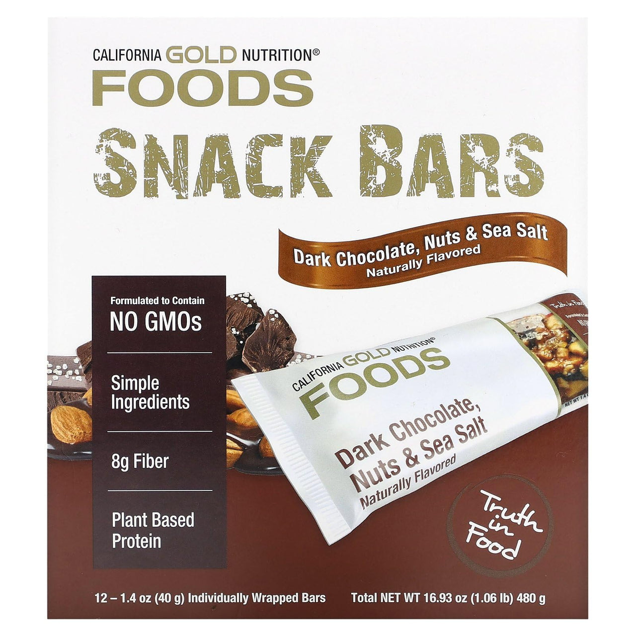 California Gold Nutrition Foods, Dark Chocolate, Nuts, & Sea Salt Snack Bars, 12 Bars, 1.4 oz (40 g) Each