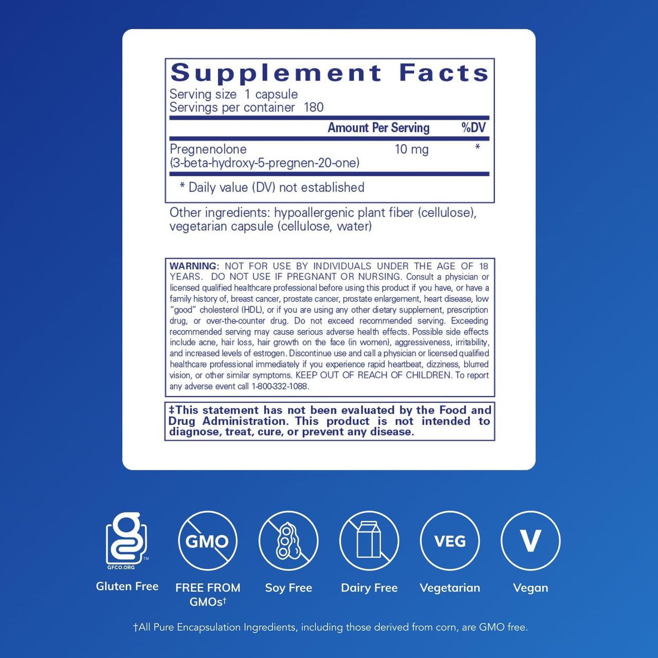 Pure Encapsulations Pregnenolone 10 mg - Support Memory & Hormone Balance* - Hormone Precursor - Gluten Free & Non-GMO - 180 Capsules