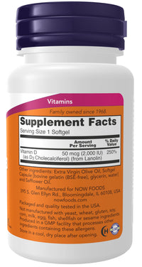 Thumbnail for NOW Foods Supplements, Vitamin D-3 2,000 IU, High Potency, Structural Support*, 120 Softgels