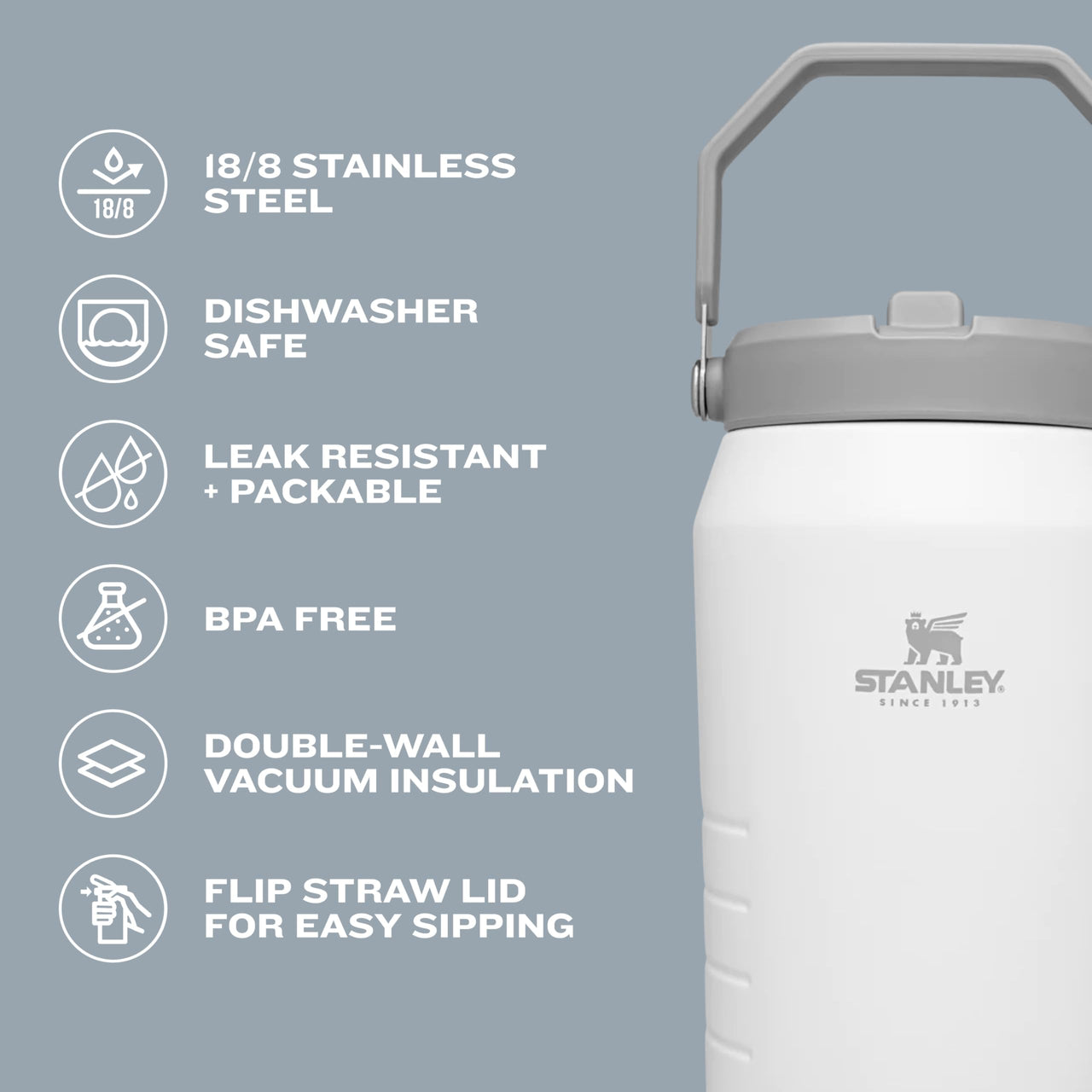 Stanley IceFlow Flip Straw Jug with Handle 64 oz| Twist On Lid and Flip Up Straw | Leak Resistant for Travel and Sports | Insulated Stainless Steel | BPA-Free | Azure