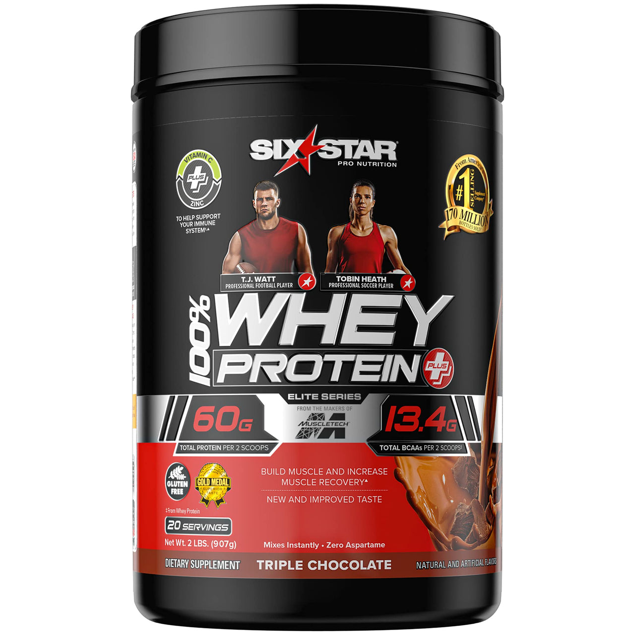 Whey Protein Powder + Immune Support | Six Star Whey Protein Plus | Whey Protein Isolate & Peptides + Muscle Builder | Lean Protein Powder for Muscle Gain & Recovery | Chocolate, 2 lbs