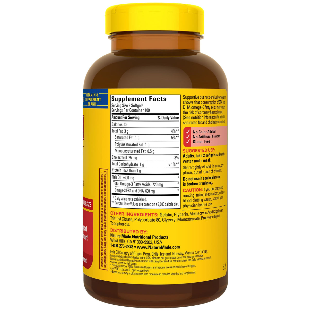 Nature Made Burp Less Fish Oil Omega 3 Supplements, 1200 mg Softgels, Omega 3 Fish Oil for Healthy Heart Support, 200 Softgels, 100 Day Supply