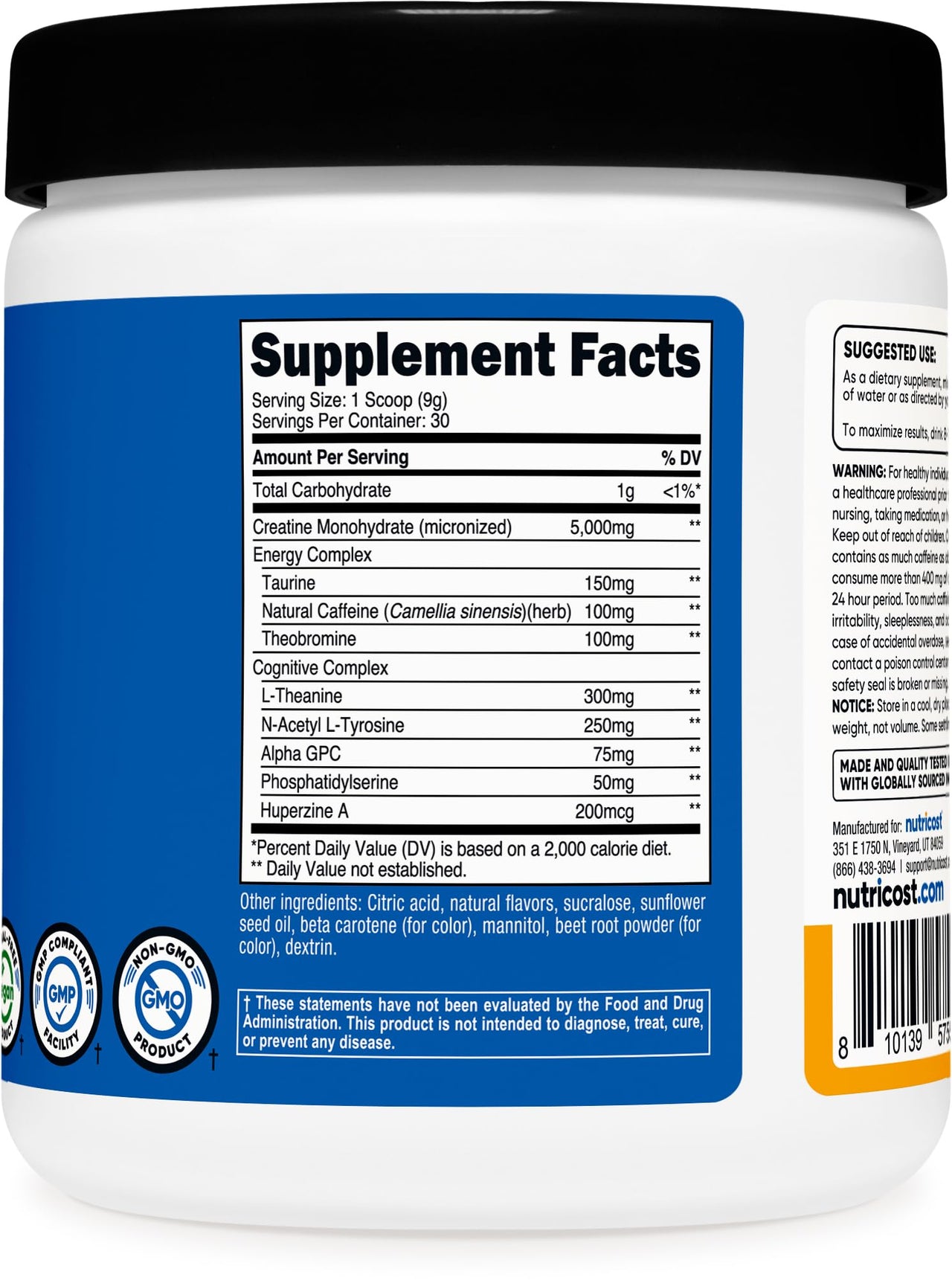 Nutricost Creatine + Energy 30 Servings (Peach Mango Flavored) - 5,000mg Creatine Monohydrate + 350mg Energy Complex Per Serving