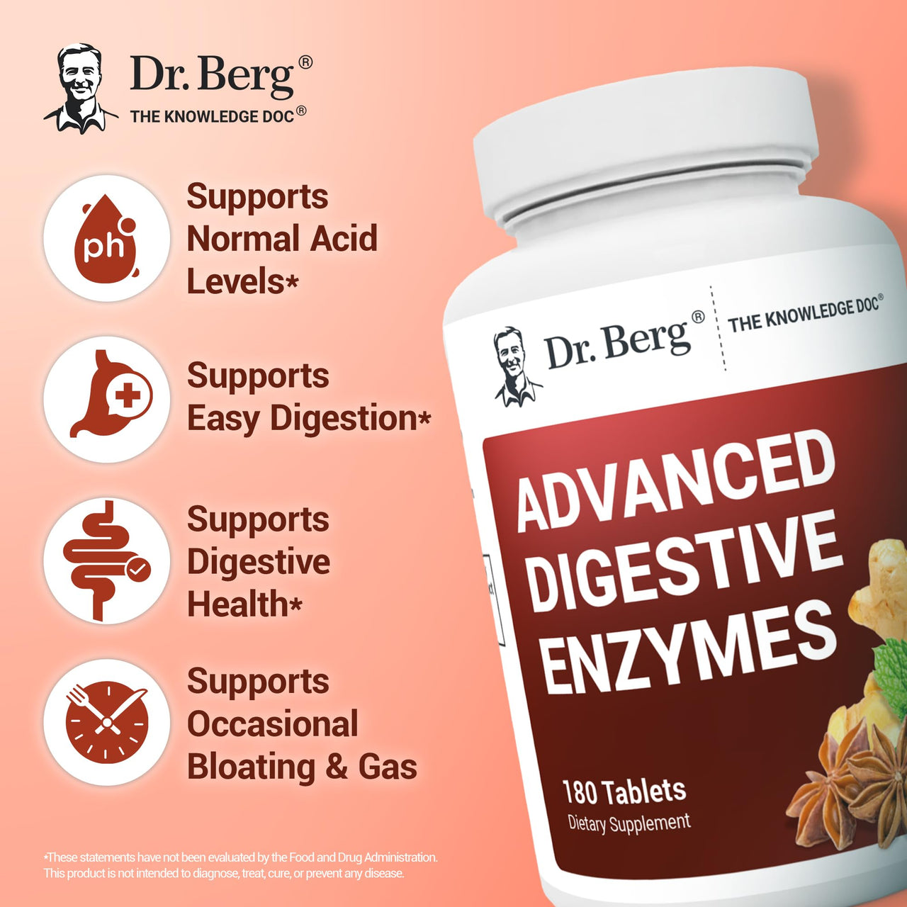 Dr. Berg Advanced Digestive Enzymes with Apple Cider Vinegar - Includes Digestive Health Ingredients Like Betaine Hydrochloride (HCI), Ginger Root & Peppermint Leaf - 180 Tablets