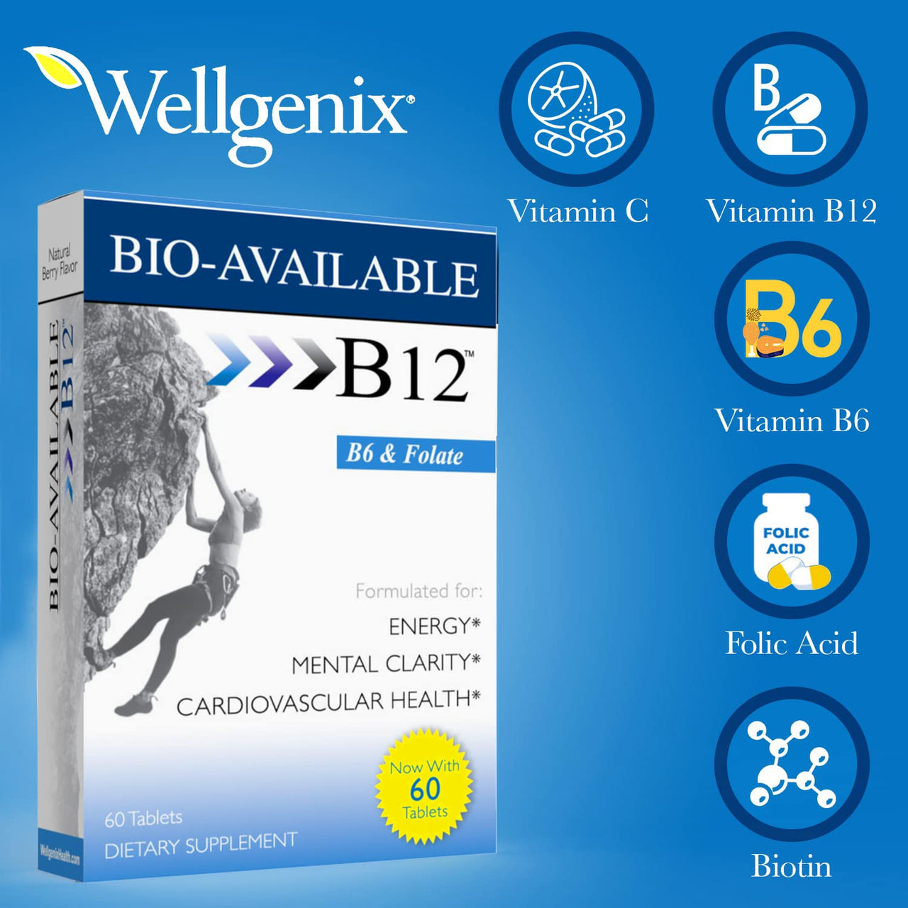 Wellgenix Bio Available Daily Multivitamins (60 ct) - Focus Support Formula with Vitamins Methyl B12, B6, Folate & Biotin - Sublingual Energy & Diet Supplement for Immune & Overall Health
