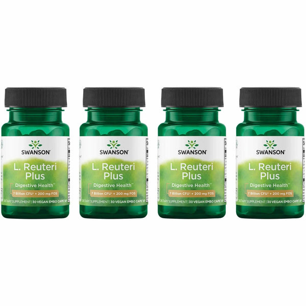 Swanson L. Reuteri Probiotic Plus w/L. Rhamnosus L. Acidophilus & FOS Prebiotic Digestive Support - Promotes Gut Health w/ 7 Billion CFU per Capsule - (30 Veggie Capsules) (4 Pack)