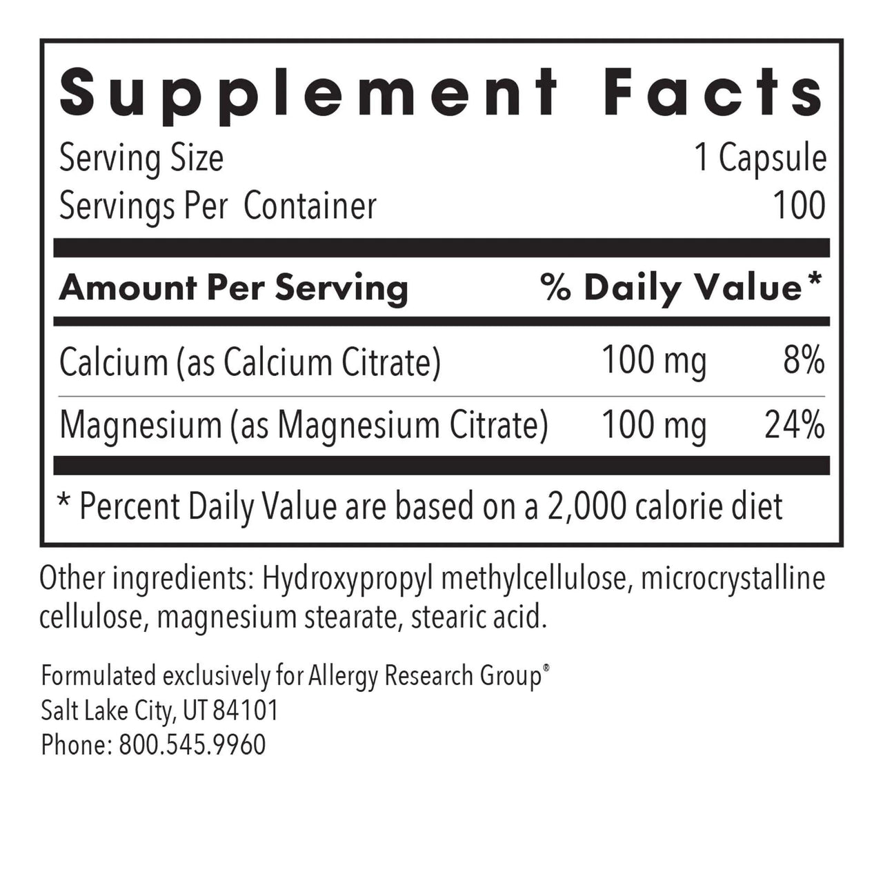 Nutricology Calcium Magnesium Citrate Supplement - Bone Health, with Calcium Citrate, Pure, Well-Absorbed, Vegetarian Capsules - 100 Count