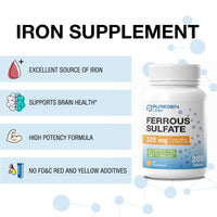 Thumbnail for Puregen Labs Ferrous Sulfate 325 mg (65 mg Elemental Iron) High Potency Iron Supplement | No Artificial Color Additives - 200 Tablets