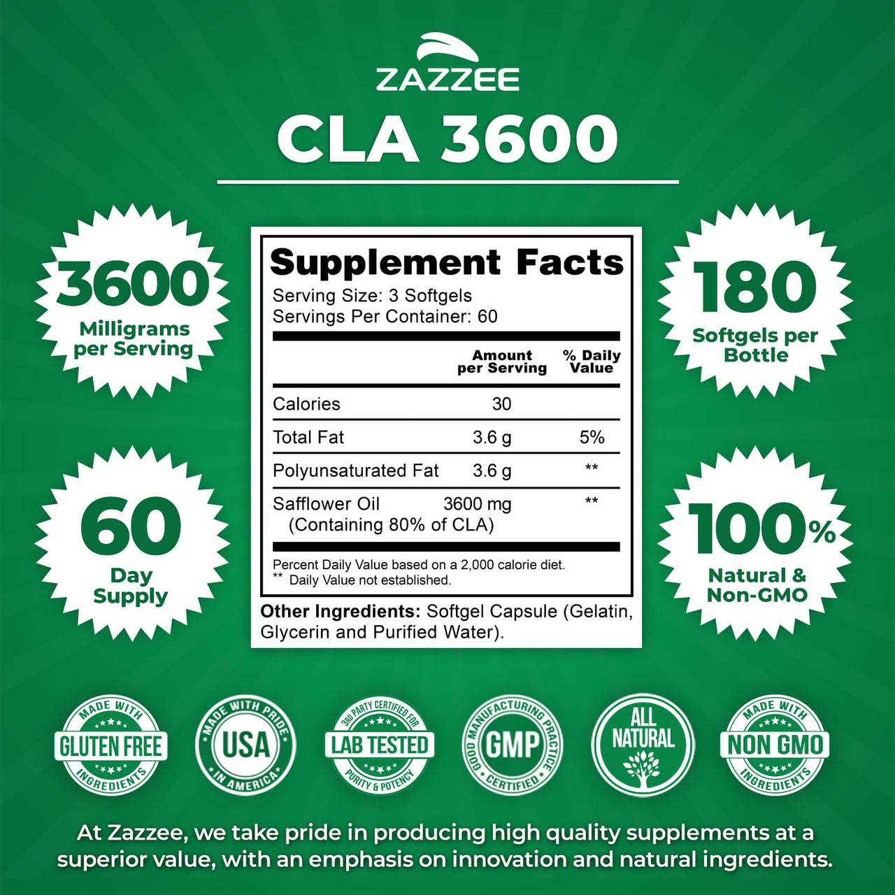 Zazzee High Potency CLA 3600, 180 Softgels, 3600 mg per Serving, Conjugated Linoleic Acid from Safflower Oil, Concentrated and Standardized, 60 Day Supply, Non-GMO and Made in The USA