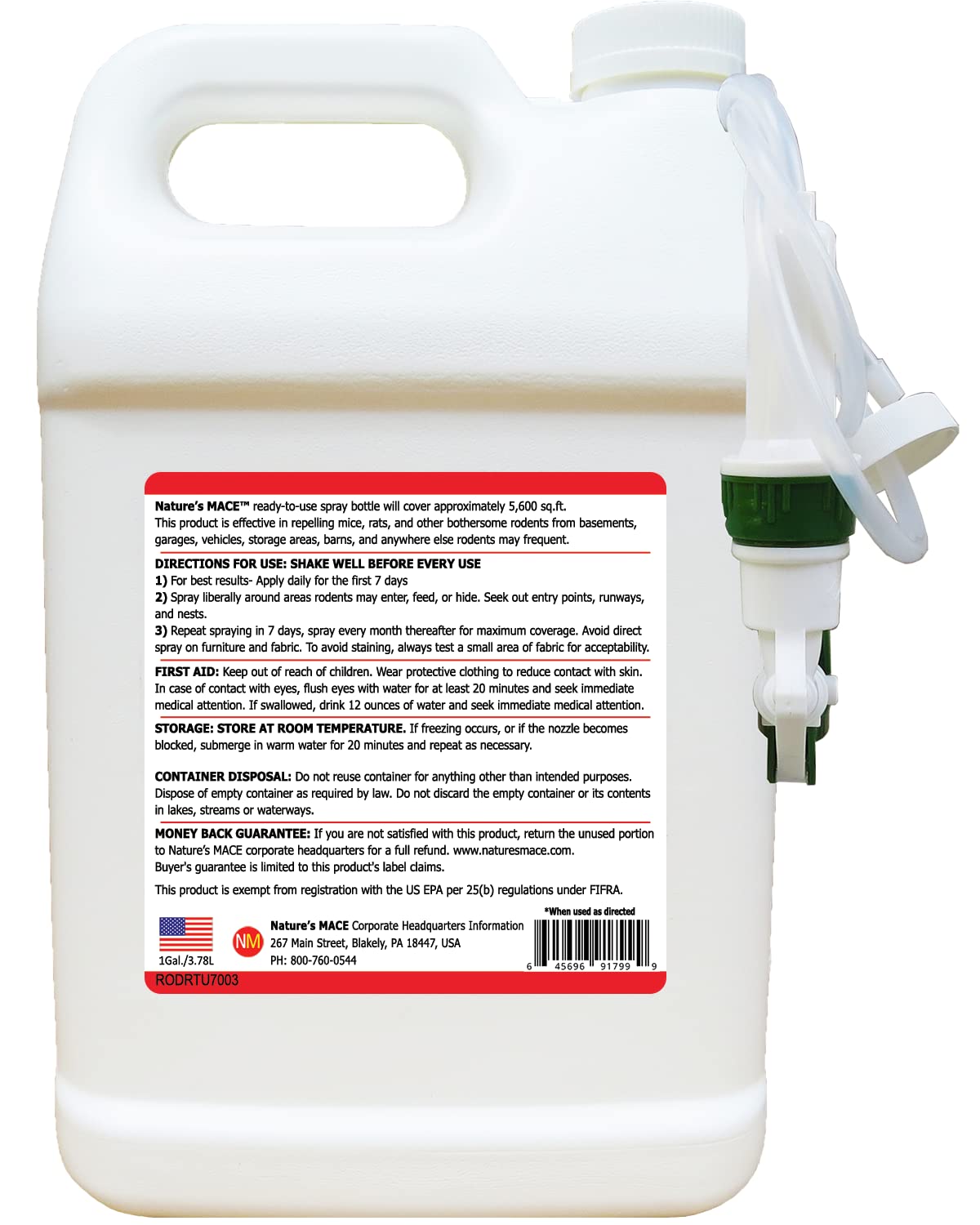 Nature's MACE 1 Gal Rodent Repellent Spray, Mouse & Rat Control for Car Engines, Repel Mice, Indoor & Outdoor Spray, Stop Rodent Damage in House, Car, RV, Attic, Garage, Stops Nesting & Wire Chewing