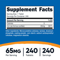 Thumbnail for Nutricost Iron (As Ferrous Sulfate) 65mg, 240 Tablets - Non-GMO, Gluten Free