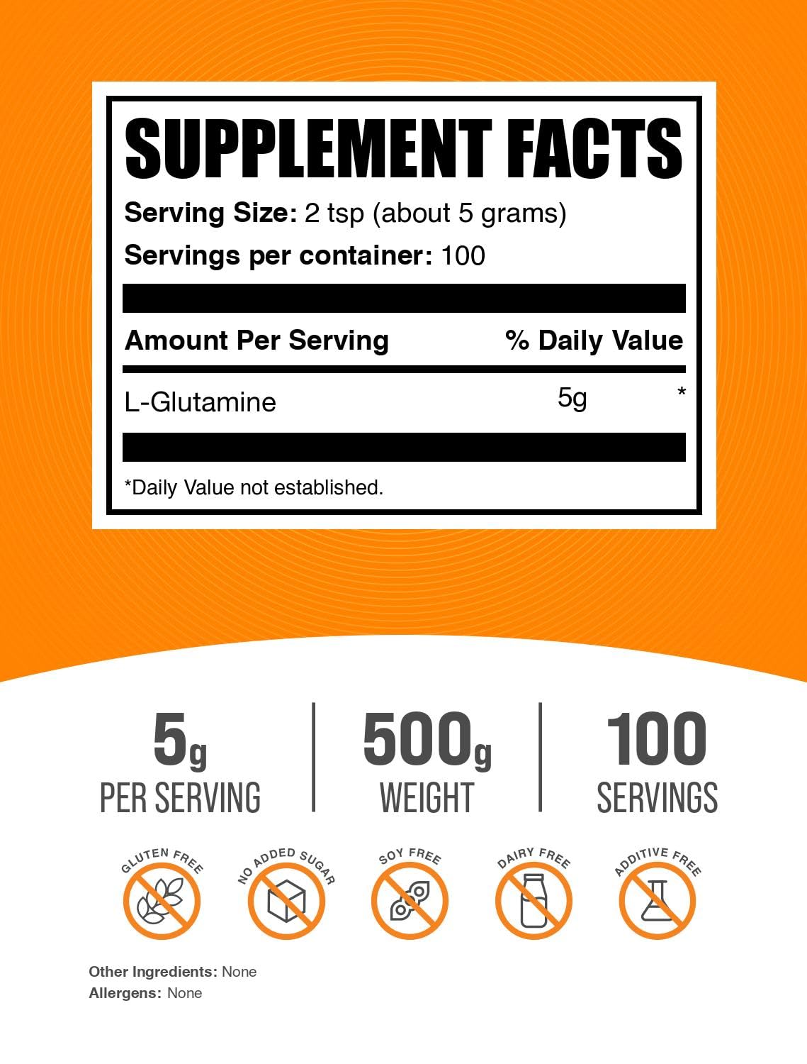BulkSupplements.com L-Glutamine Powder - Glutamine Supplement, for Recovery & Gut Health - Unflavored & Gluten Free, 5g (5000mg) per Serving, 500g (1.1 lbs) (Pack of 1)