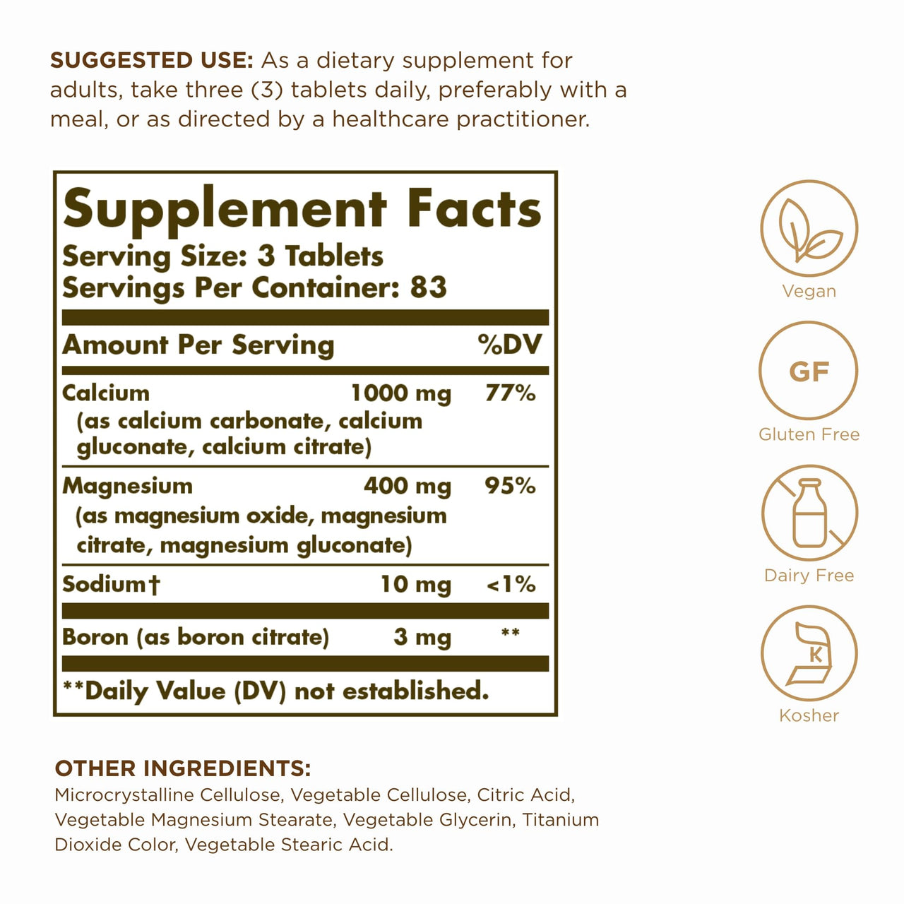Solgar Calcium Magnesium Plus Boron - 250 Tablets - Non-GMO, Vegan, Gluten Free, Dairy Free, Kosher - 83 Servings