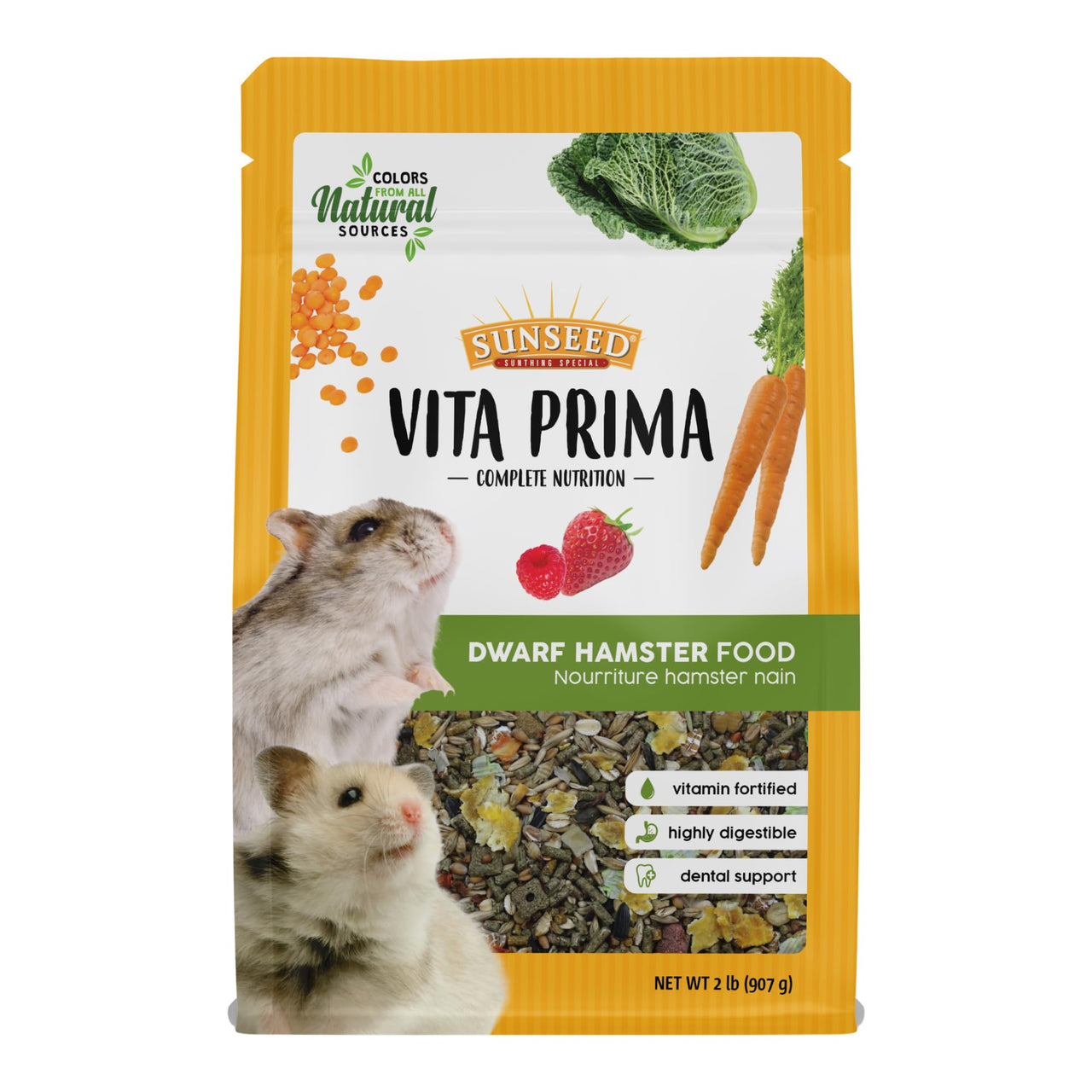 Vitakraft Sunseed Vita Prima Dwarf Hamster Food 2 lb Bag with Fruits Vegetables Grains and Seeds Providing Wholesome Daily Nutrition and Foraging Variety for Happy Healthy Small Pets