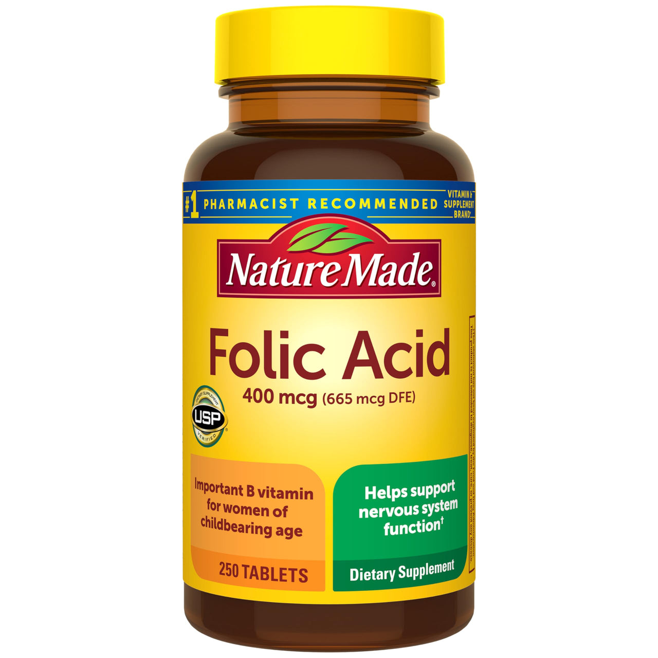 Nature Made Folic Acid 400 mcg (665 mcg DFE) Dietary Supplement for Nervous System Function, Folic Acid Supplements for Women and Men, 250 Tablets, 250 Day Supply