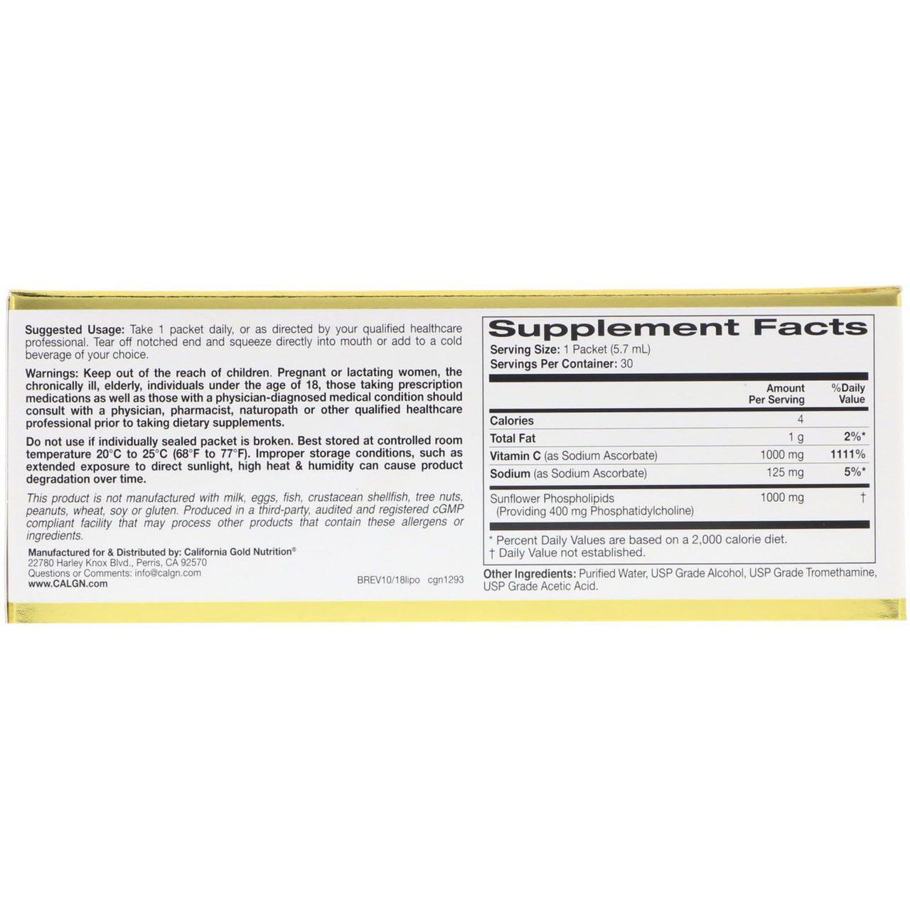 California Gold Nutrition LiposomeUP, Liposomal Vitamin C, 1,000 mg, 30 Packets, 0.2 oz (5.7 ml) Each