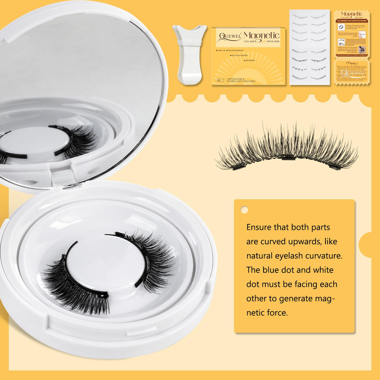 QUEWEL Magnetic Eyelashes 1 Pair Reusable Magnetic Eyelashes with Applicator No Glue Needed Eyelashes Cat Eye Natural Look Lash Clusters Kit Easy to Wear and Remove(B07)