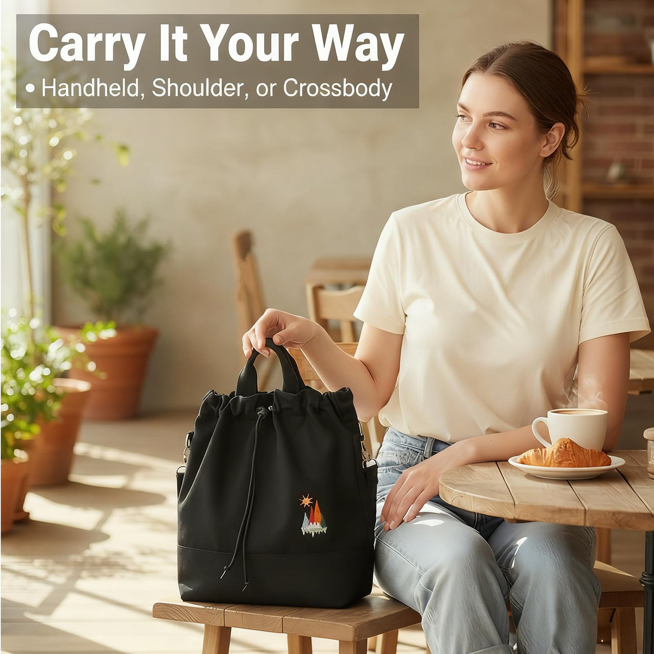 Women Canvas Tote Handbags Casual Shoulder Work Bag Crossbody Bag with Sunshine Embroidery (Black)