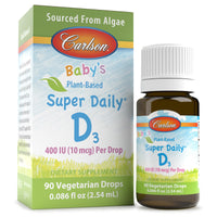 Thumbnail for Carlson - Baby's Plant-Based Super Daily D3, Baby Vegetarian Liquid Vitamin D Drops, 400 IU (10 mcg) per Drop, Sourced from Algae, for Infants and Toddlers, Unflavored, 90 Drops (2.54 mL)