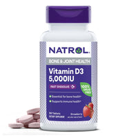 Thumbnail for Natrol Fast Dissolve Vitamin D3 5,000 IU, Dietary Supplement for Bone and Joint Health, Bone Support Supplement, 90 Tablets, 90 Day Supply