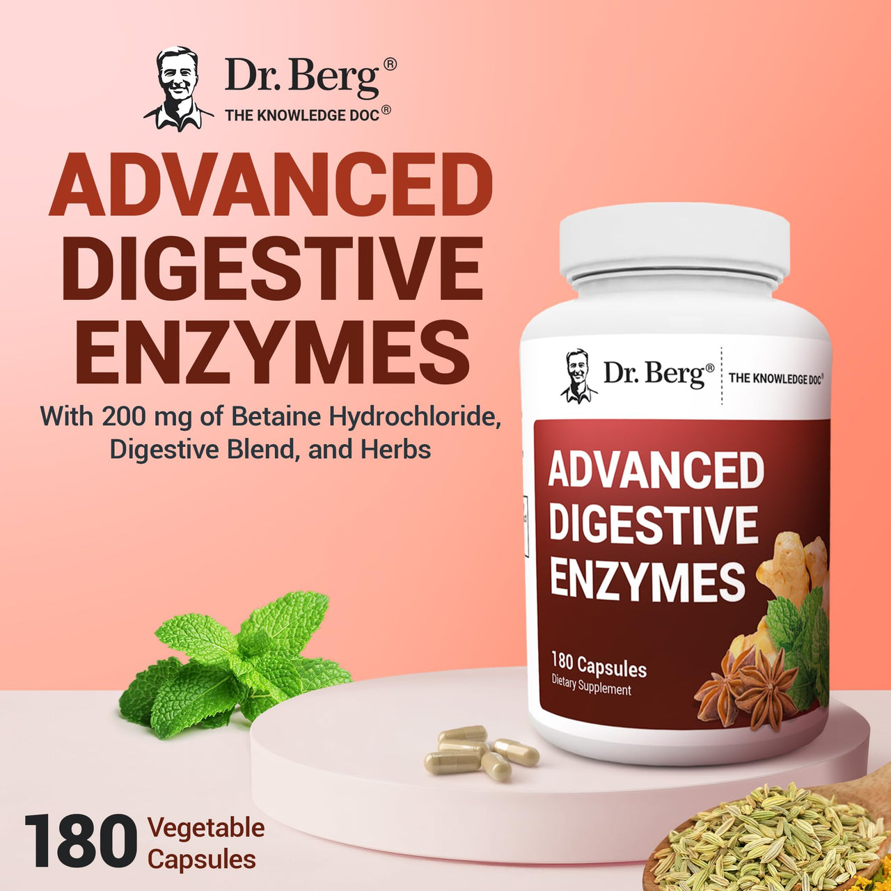 Dr. Berg Advanced Digestive Enzymes with Apple Cider Vinegar - Includes Digestive Health Ingredients Like Betaine Hydrochloride (HCI), Ginger Root & Peppermint Leaf - 180 Capsules
