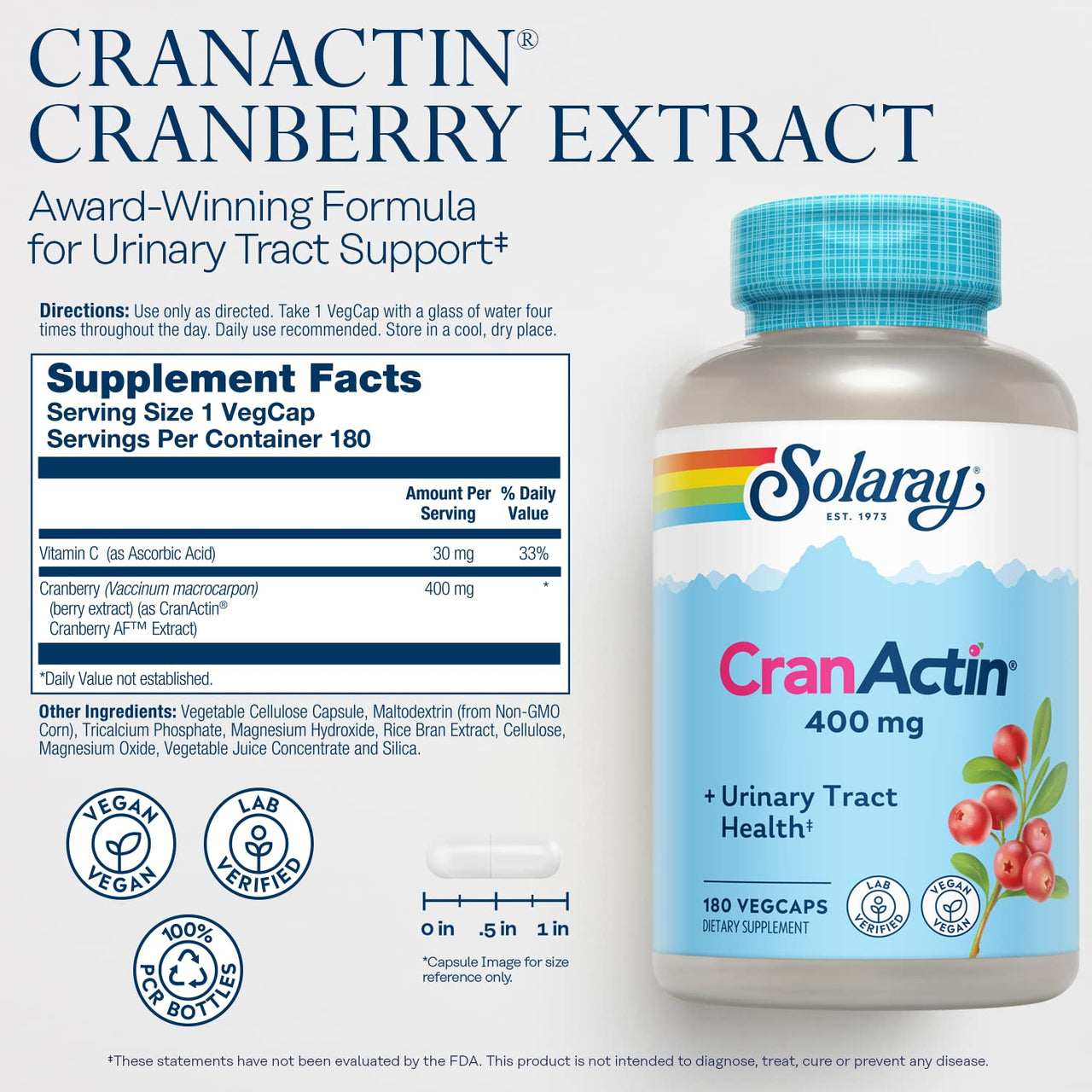 SOLARAY CranActin Cranberry Extract 400 mg - Cranberry Supplements for Women and Men - Bladder and Urinary Tract Health Support with Vitamin C - Vegan, 60-Day Guarantee, 180 Servings, 180 VegCaps