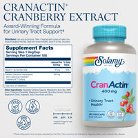 Thumbnail for SOLARAY CranActin Cranberry Extract 400 mg - Cranberry Supplements for Women and Men - Bladder and Urinary Tract Health Support with Vitamin C - Vegan, 60-Day Guarantee, 180 Servings, 180 VegCaps