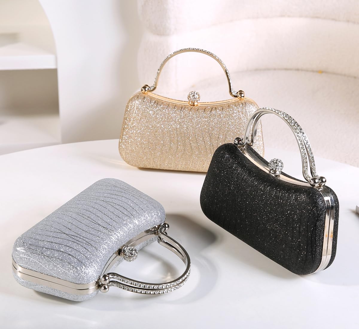 Covelin Evening Bag Sparkling Frosted Purses for Women Lady Shiny Party Elegant Handbag Wedding Bag with Chain Gold