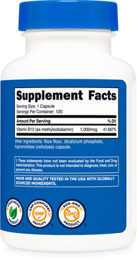 Thumbnail for Nutricost Vitamin B12 (Methylcobalamin) 1000mcg, 120 Capsules - Vegetarian, Non-GMO & Gluten Free B12 Supplement