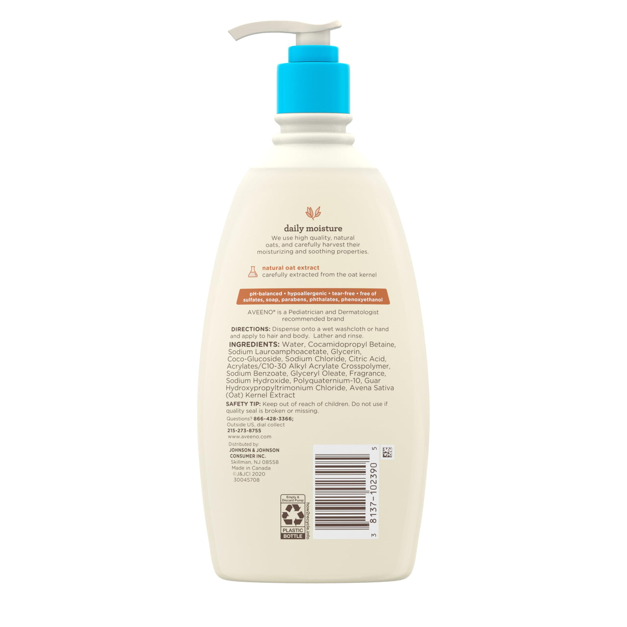 Aveeno Baby Daily Moisture Gentle Body Wash & Shampoo with Oat Extract, 2-in-1 Baby Bath Wash & Hair Shampoo, Tear- & Paraben-Free for Hair & Sensitive Skin, Lightly Scented, 18 fl. oz