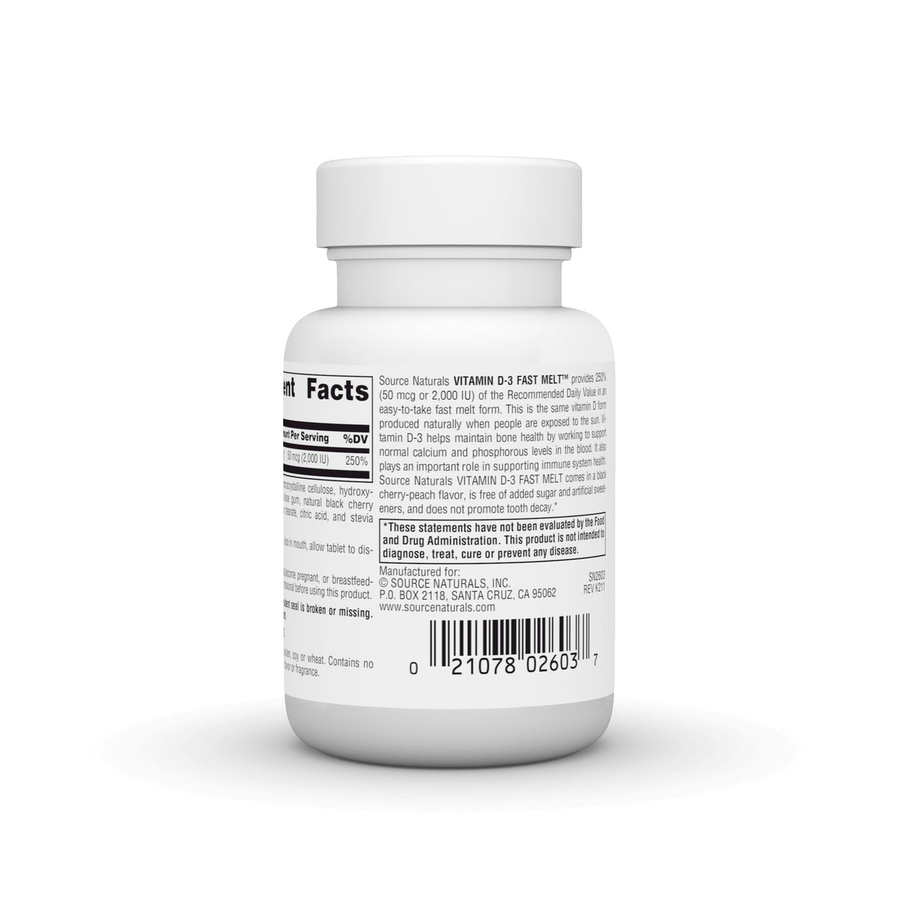 Source Naturals Vitamin D-3 Fast Melt, Supports Bone & Immune Health* - Black Cherry Peach Flavor - 120 Fast Melt Tablets