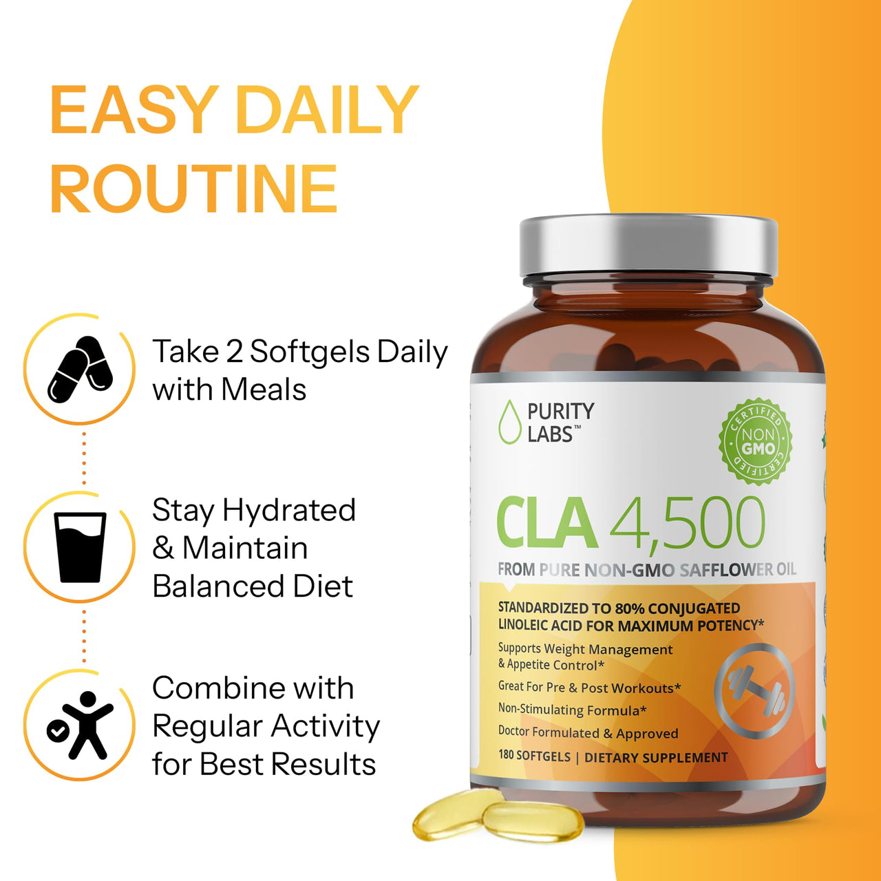 Purity Labs CLA Supplements 4500MG - Non-GMO Safflower Oil - Supports Energy, Weight Loss, Heart Health, and Muscle Health - 180 Soft gels