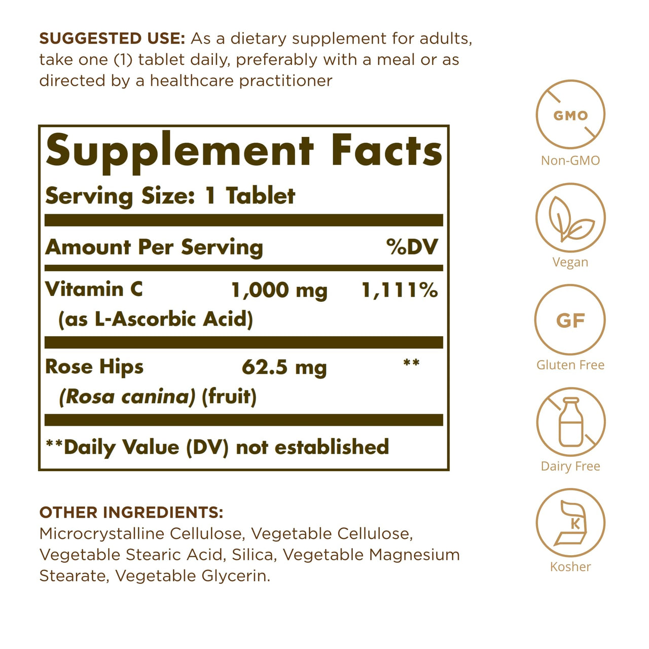 Solgar Vitamin C 1000 mg with Rose Hips - 100 Tablets - Antioxidant & Immune Support - Non-GMO, Vegan, Gluten Free, Dairy Free, Kosher - 100 Servings