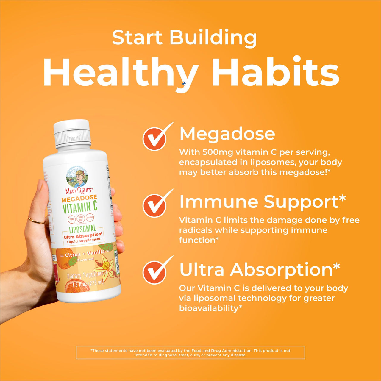 MaryRuth's Megadose Liquid Vitamin C Liposomal | 500 mg Per Serving | Ultra Absorption | Immunity | Antioxidant Support | Collagen Formation | Vegan | Gluten Free | Sugar Free | 7.6 Oz | 30 Servings