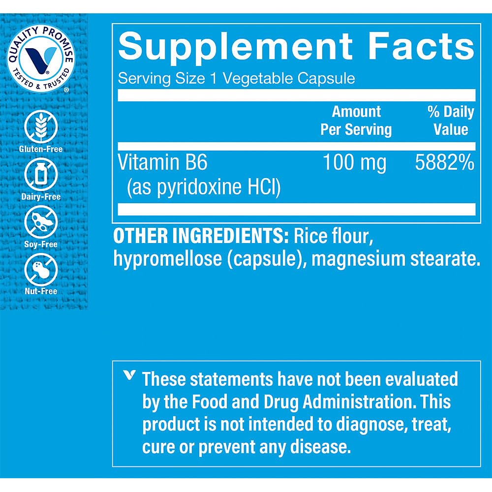 The Vitamin Shoppe Vitamin B6 100mg - Energy Metabolism & Brain Function | Pyridoxine HCL | 300 Veggie Capsules | Gluten-Free Non-GMO